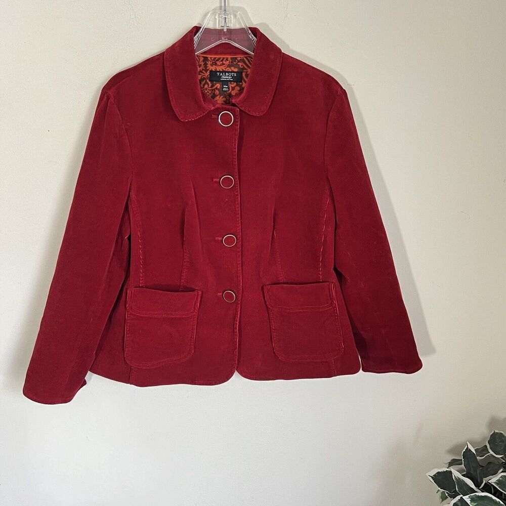 TALBOTS Corduroy Fitted Blazer Womens Size 14W Red Pocket Casual Office Career